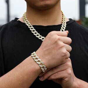 NEW! Cuban Link Chain and Bracelet Set for Men Iced Out Diamond Jewelry